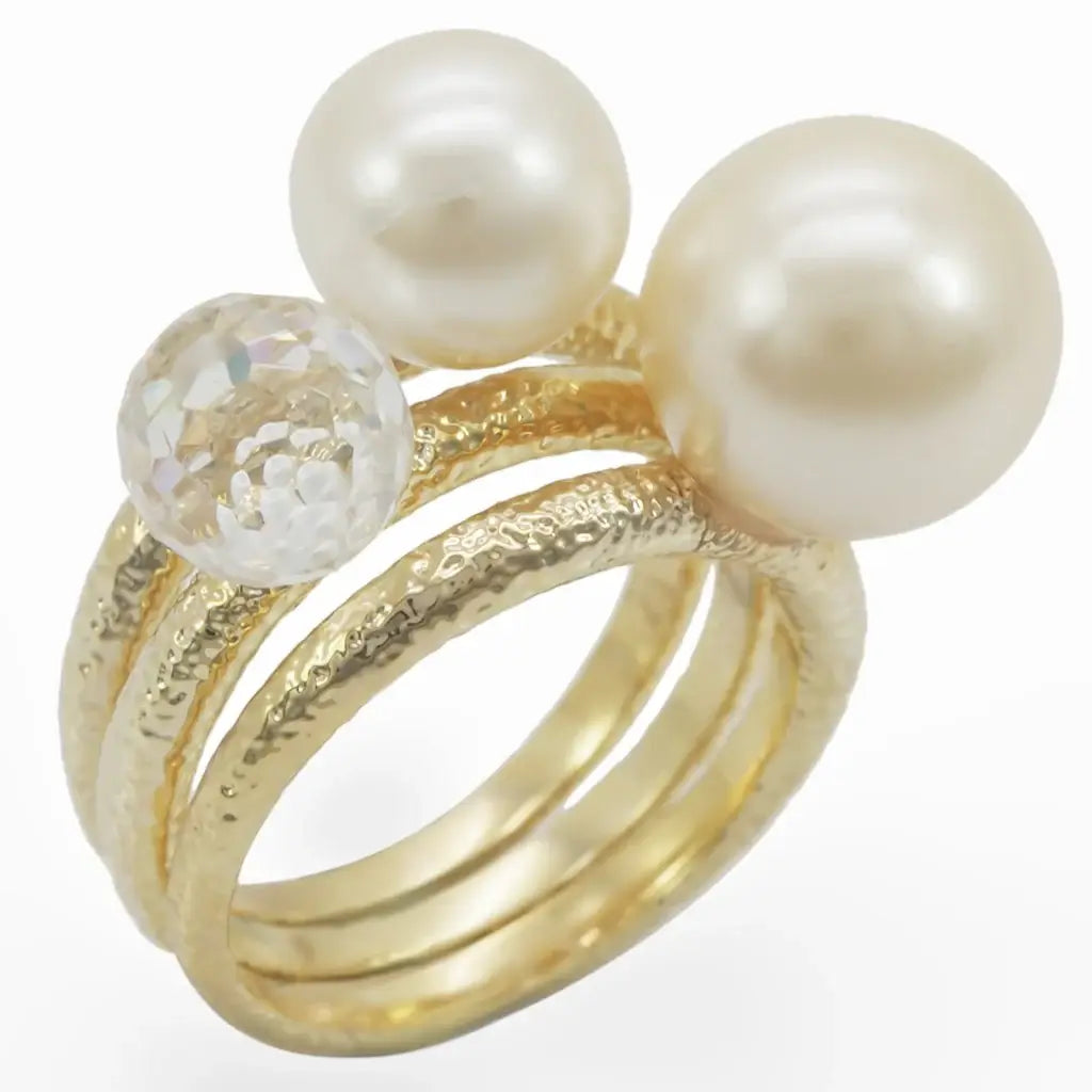 1W054 - Gold Brass Ring with Synthetic Pearl in Citrine Yellow - Alamode - Flyclothing LLC