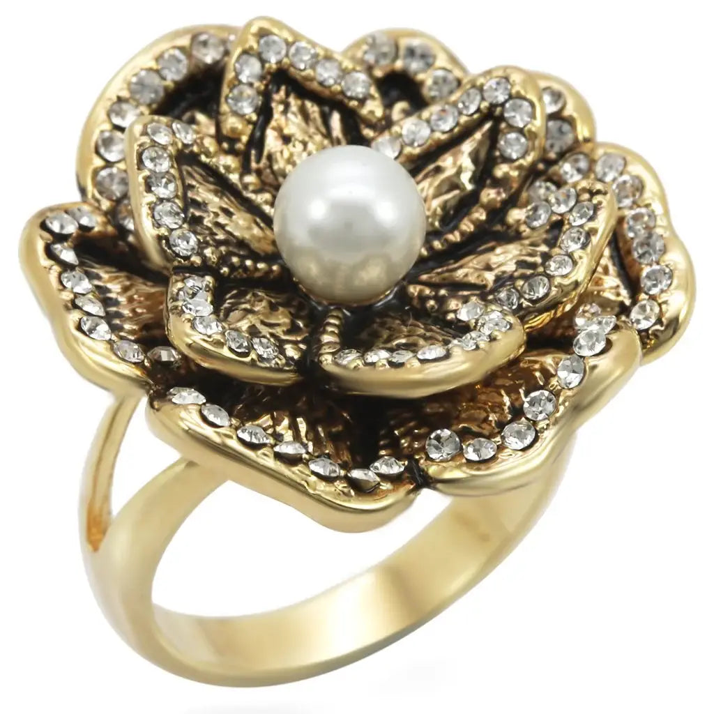 1W063 - Gold Brass Ring with Synthetic Pearl in Citrine Yellow - Alamode - Flyclothing LLC