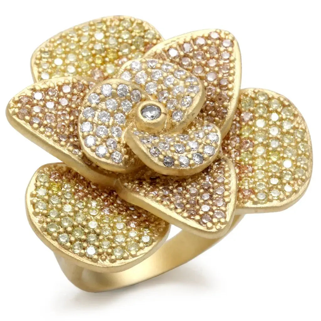 1W091 - Matte Gold Brass Ring with AAA Grade CZ in Multi Color - Alamode - Flyclothing LLC