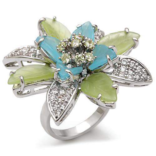 1W094 - Rhodium Brass Ring with Synthetic Synthetic Glass in Multi Color - Alamode - Flyclothing LLC