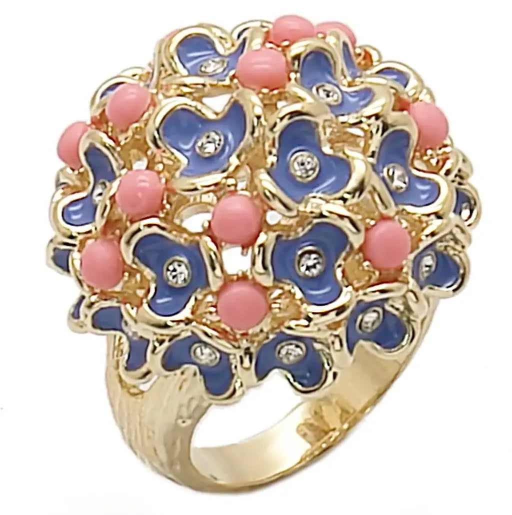 1W106 - Gold Brass Ring with Semi-Precious Coral in Rose - Alamode - Flyclothing LLC