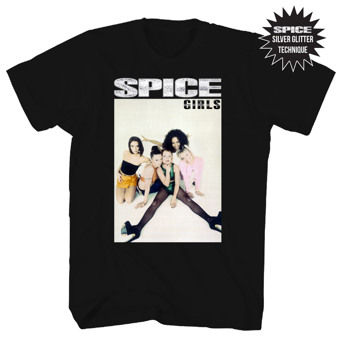 SPICE GIRLS SILVER GLITTER GROUP PHOTO FRT/BACK BLACK T-SHIRT
