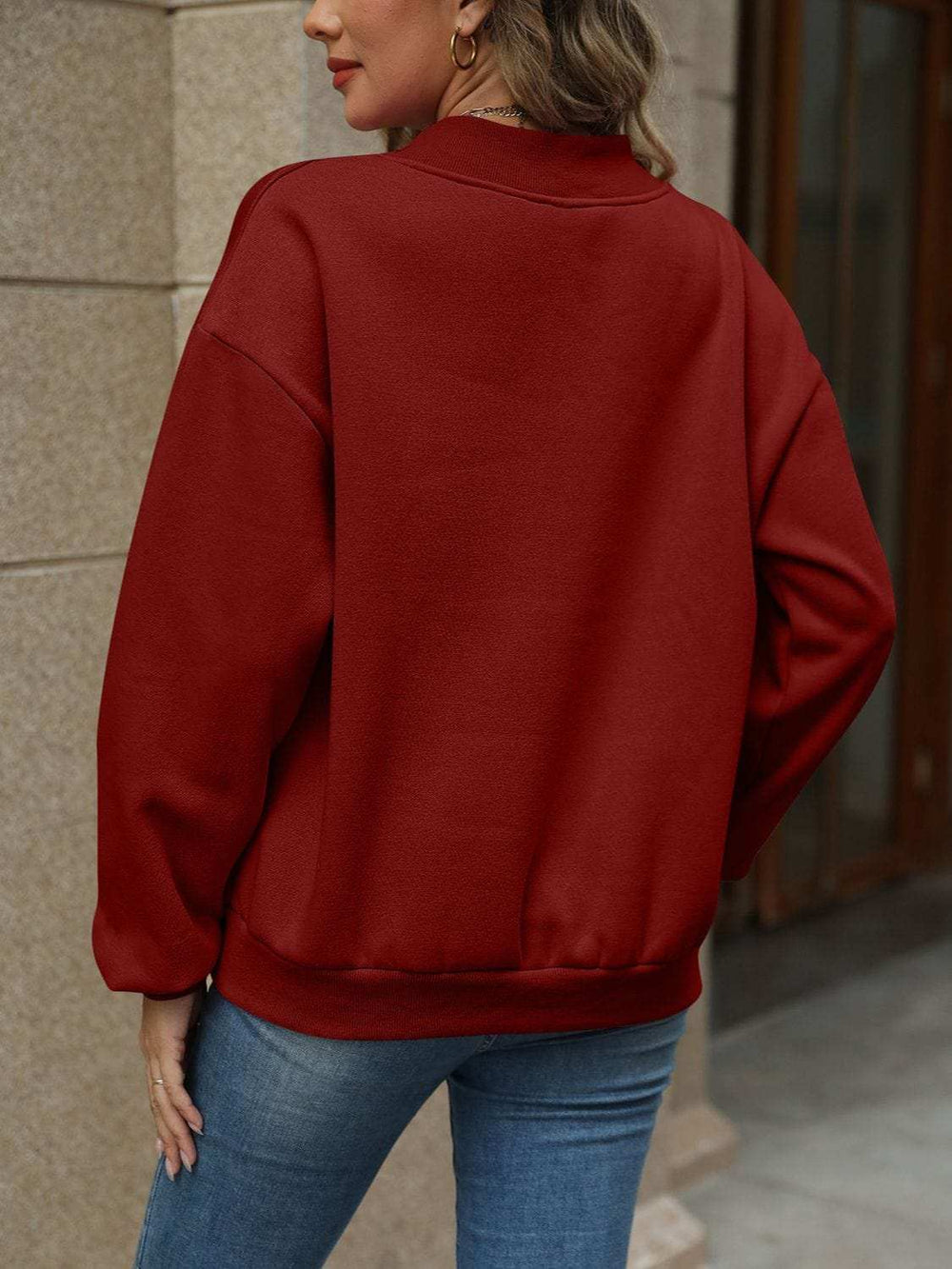 V-Neck Long Sleeve Dropped Shoulder Sweatshirt - Trendsi - Flyclothing LLC