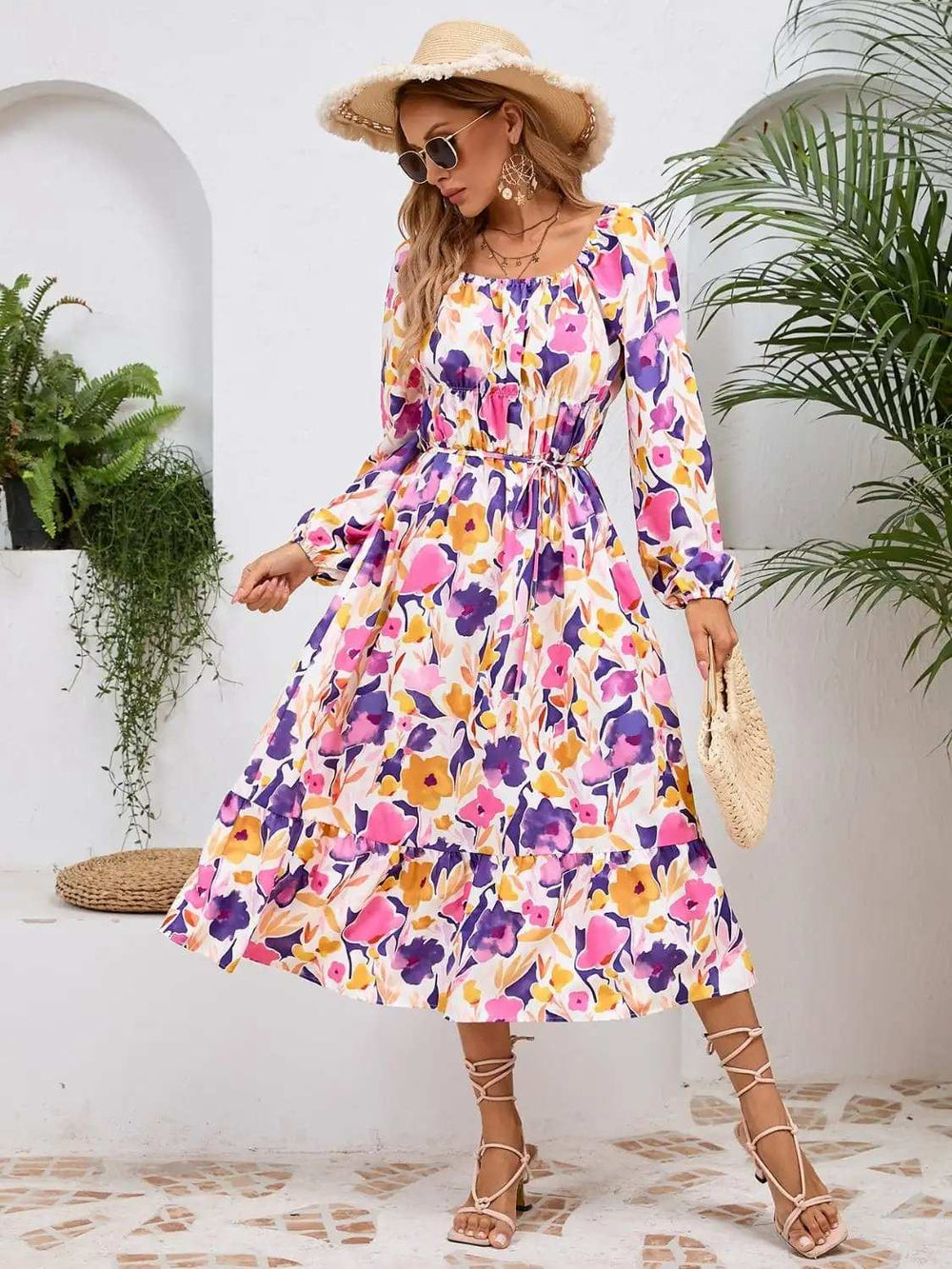 Printed Long Sleeve Midi Dress - Trendsi - Flyclothing LLC
