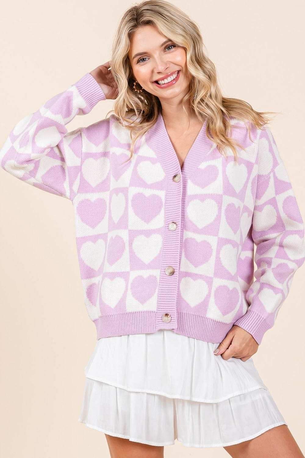 Mittoshop Checkered Heart Button Down Cardigan - Trendsi - Flyclothing LLC