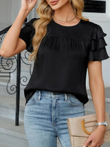 Smocked Round Neck Ruffled Layered Sleeve Blouse - Trendsi - Flyclothing LLC