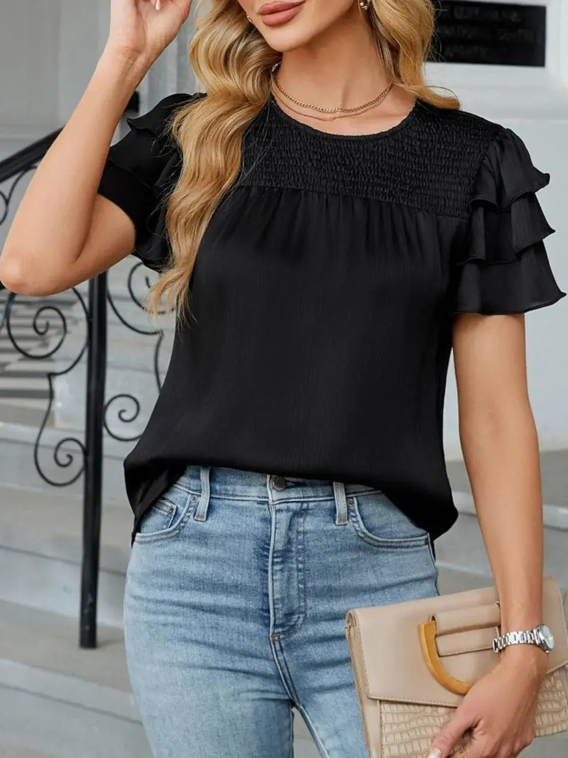 Smocked Round Neck Ruffled Layered Sleeve Blouse - Trendsi - Flyclothing LLC