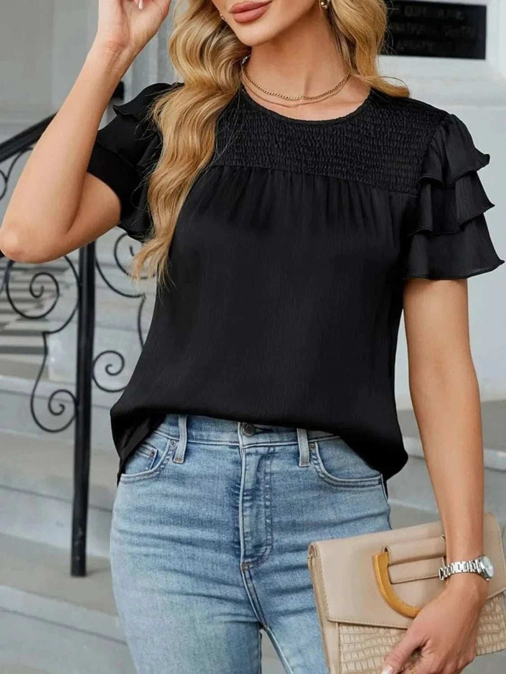 Smocked Round Neck Ruffled Layered Sleeve Blouse - Trendsi - Flyclothing LLC