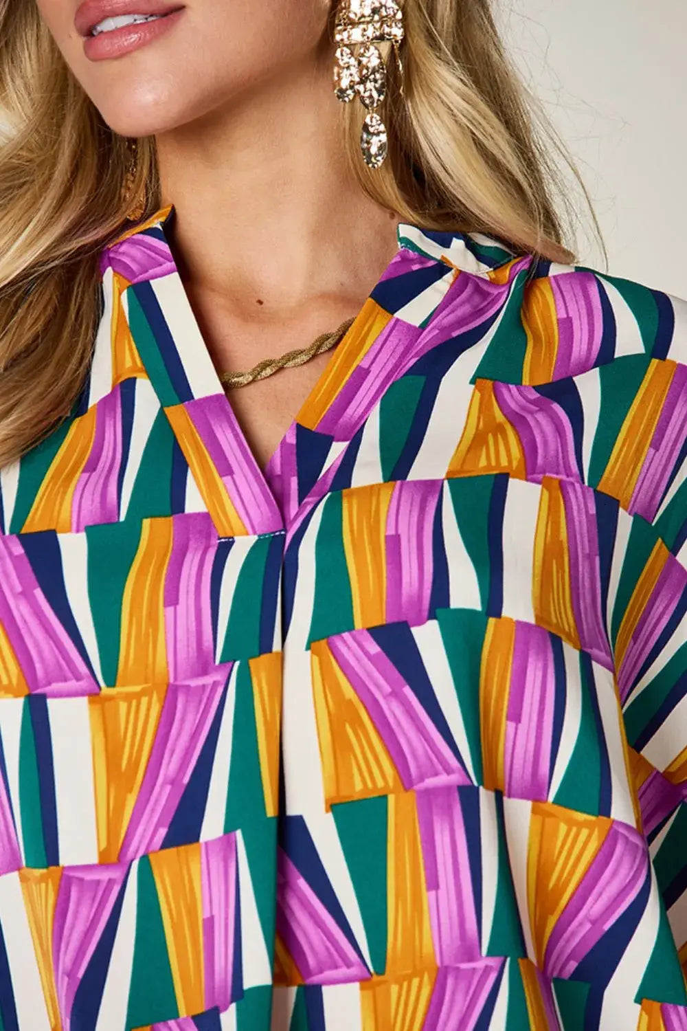 Double Take Full Size Geometric Notched Dolman Sleeve Top - Trendsi - Flyclothing LLC