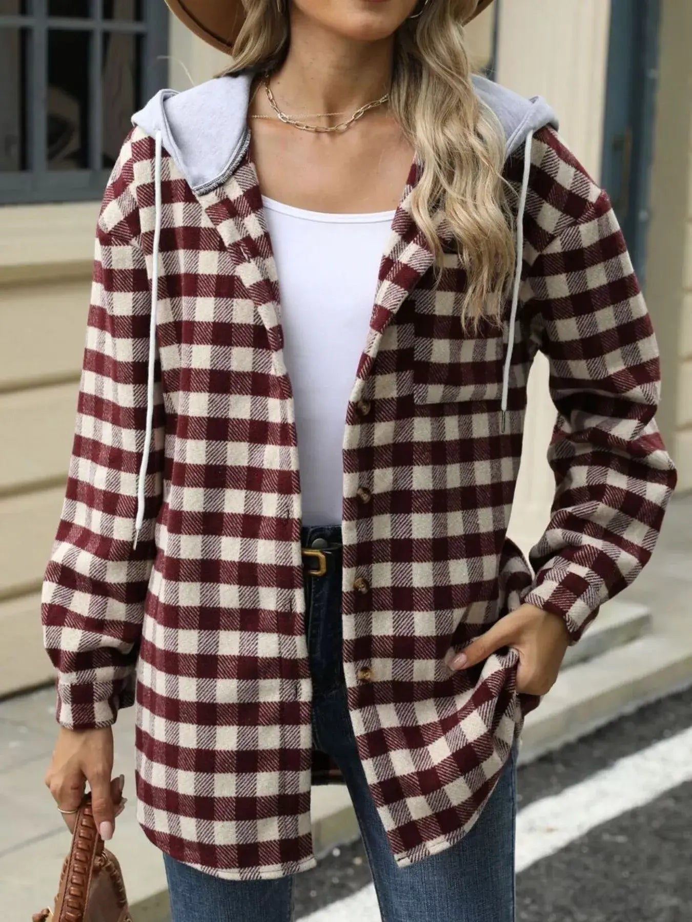 Plaid Button Up Long Sleeve Drawstring Hooded Jacket - Trendsi - Flyclothing LLC