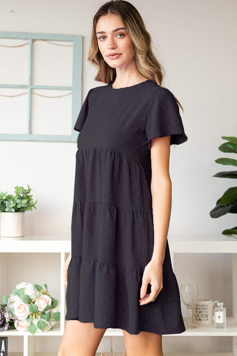 Heimish Swiss Dot Short Sleeve Tiered Dress - Trendsi - Flyclothing LLC