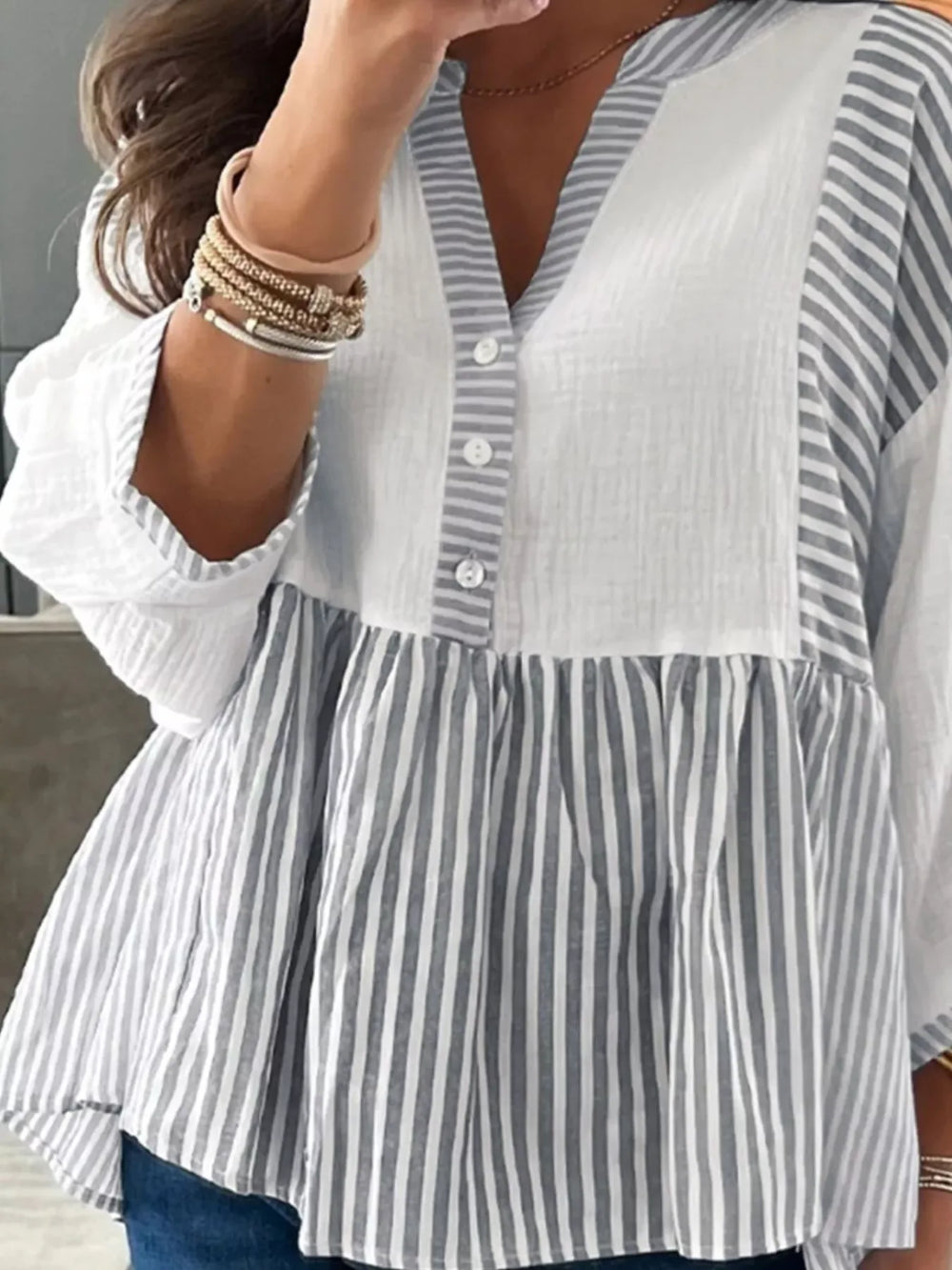 Striped Button Detail Blouse - Trendsi - Flyclothing LLC