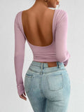 Backless Round Neck Long Sleeve T-Shirt - Trendsi - Flyclothing LLC