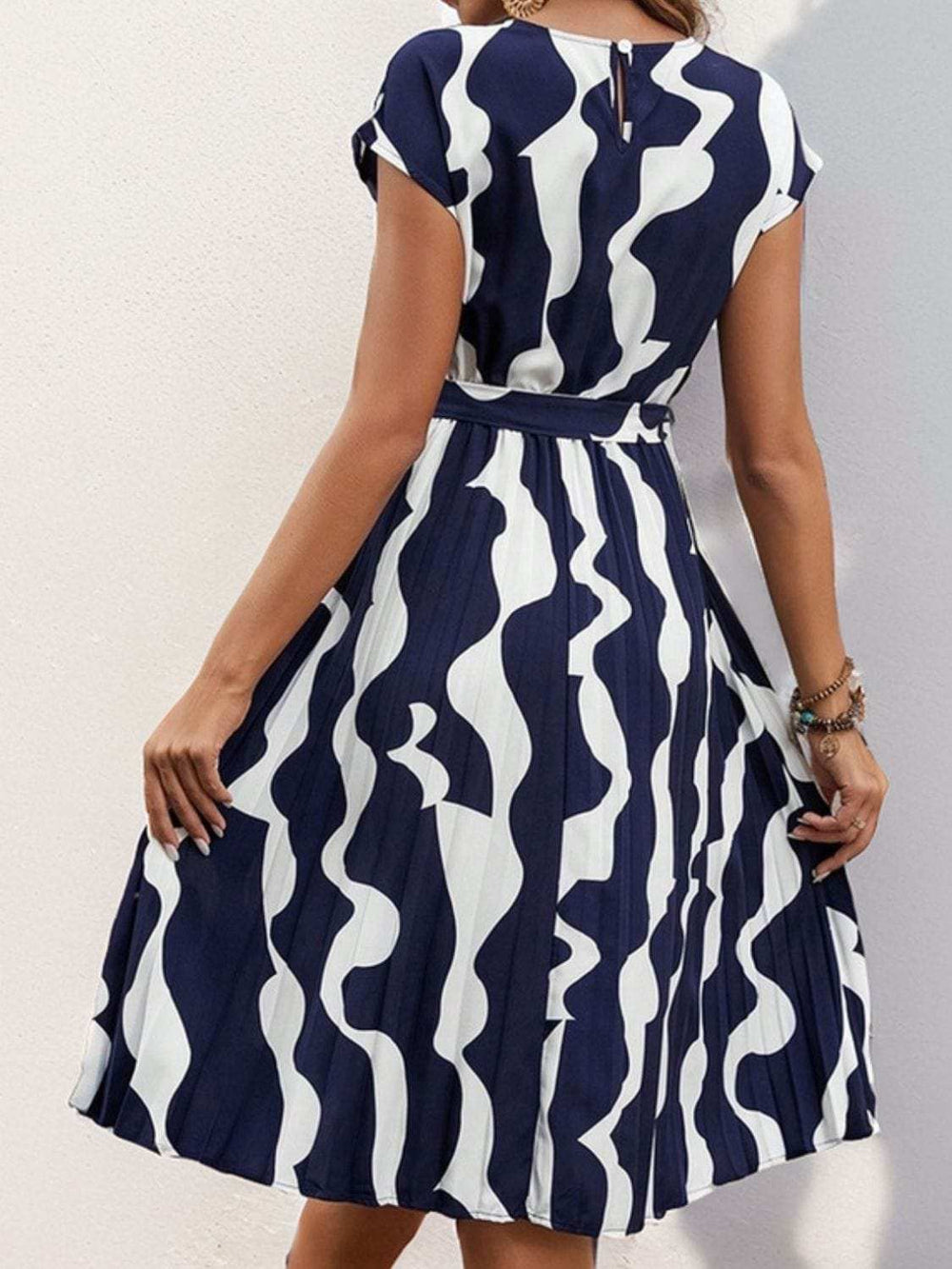Tied Pleated Printed Cap Sleeve Dress - Trendsi - Flyclothing LLC