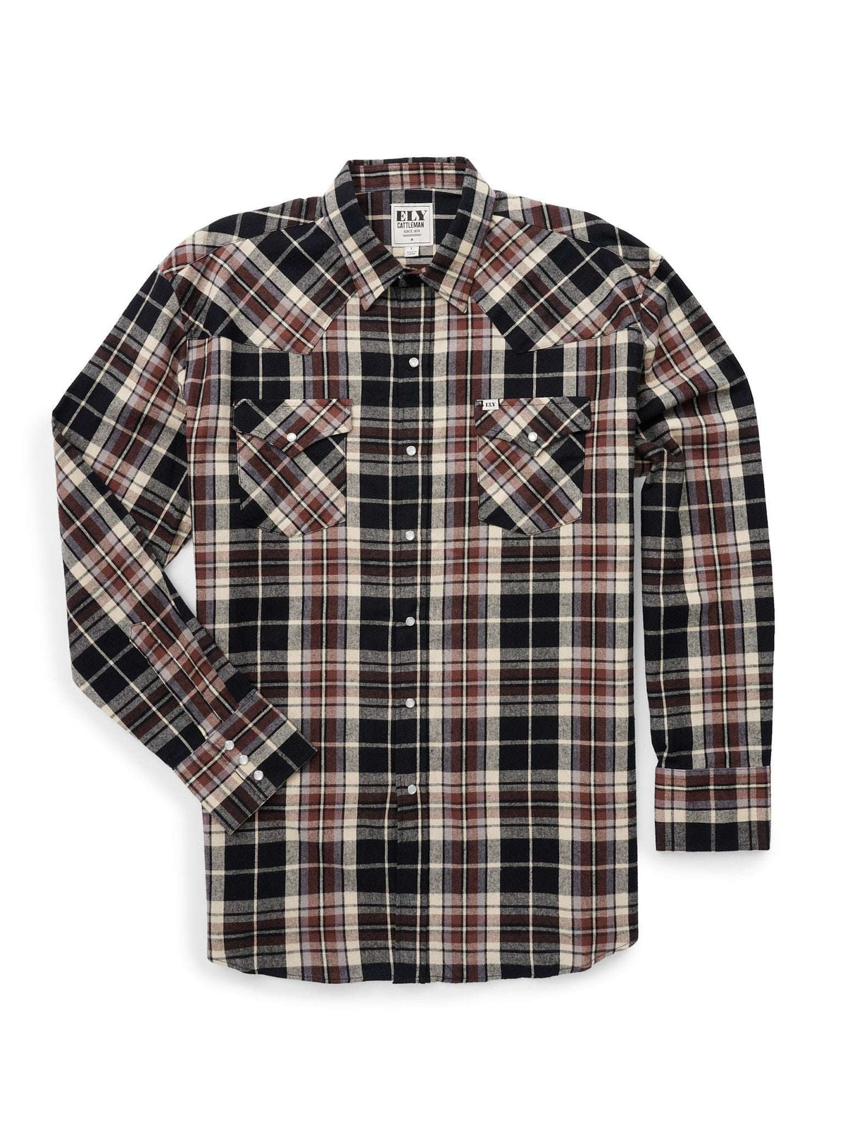 Men's Ely Cattleman Long Sleeve Flannel Plaid Western Snap Shirt- Black - Ely Cattleman - Flyclothing LLC