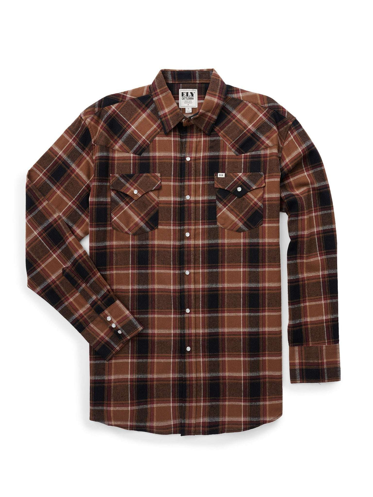 Men's Ely Cattleman Long Sleeve Flannel Plaid Western Snap Shirt- Brown - Ely Cattleman - Flyclothing LLC