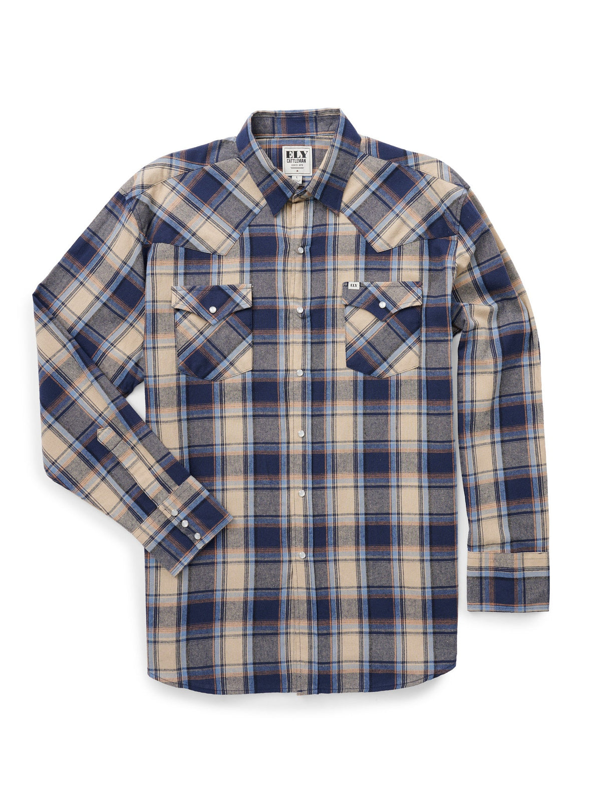 Men's Ely Cattleman Long Sleeve Flannel Plaid Western Snap Shirt- Indigo