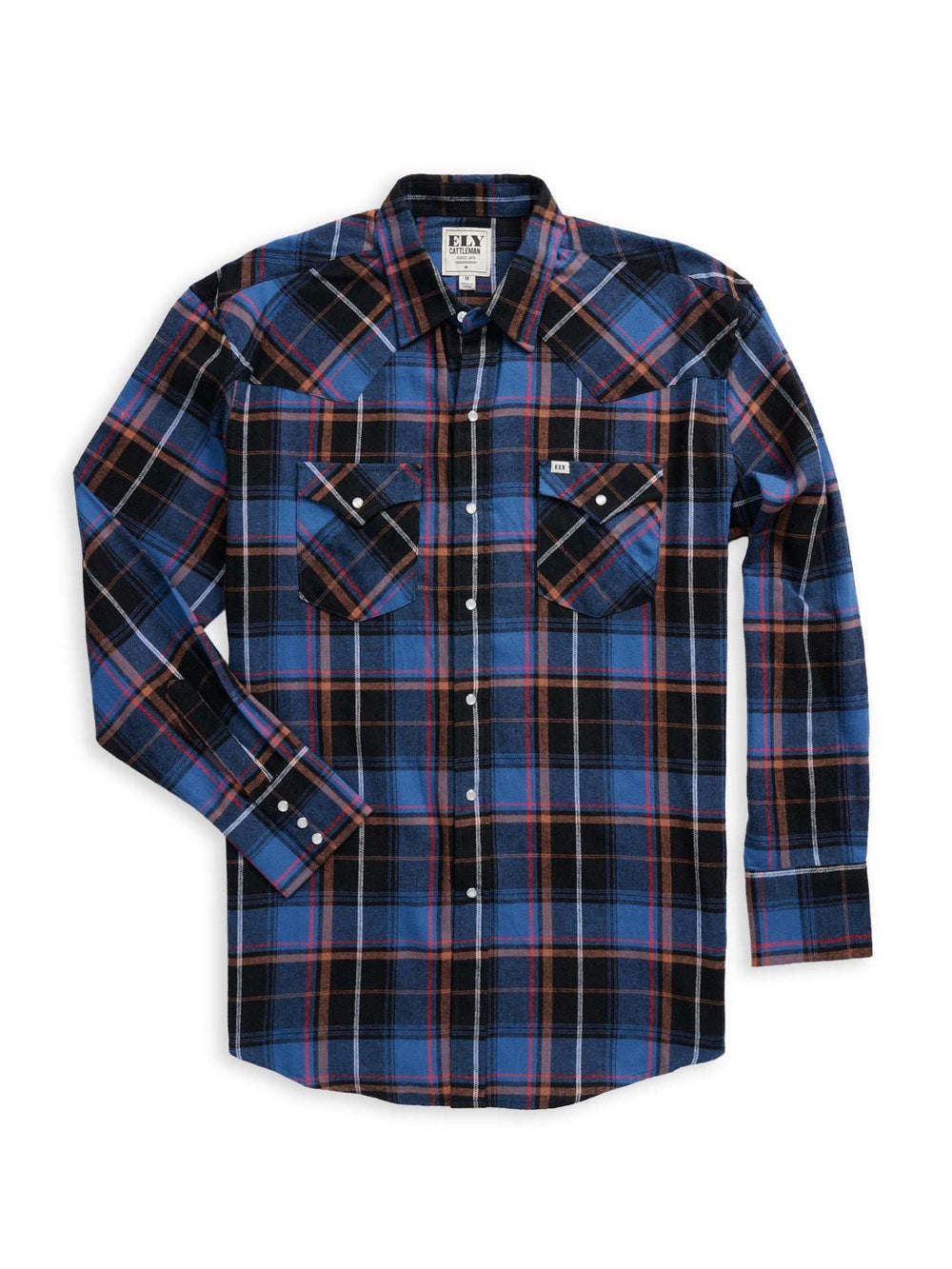 Men's Ely Cattleman Long Sleeve Flannel Plaid Western Snap Shirt- Blue - Ely Cattleman - Flyclothing LLC