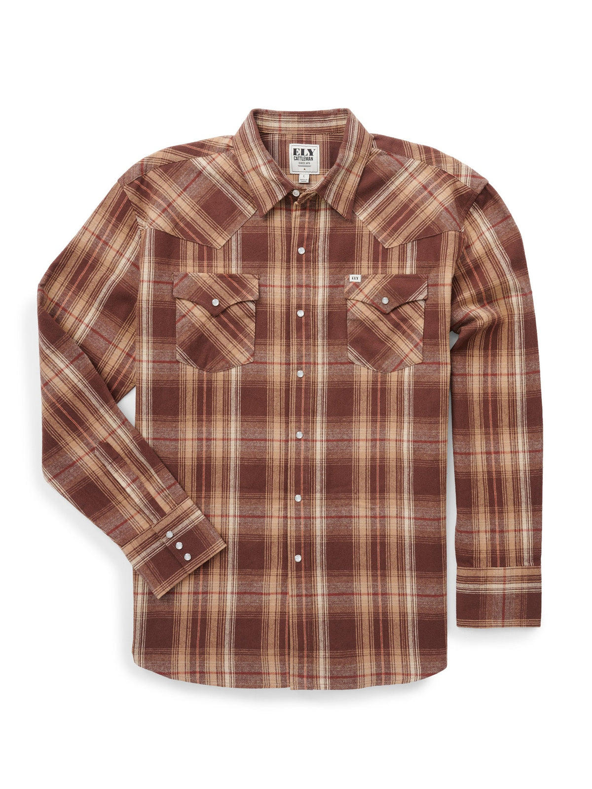 Men's Ely Cattleman Long Sleeve Brawny Flannel Western Snap Shirt- Brown