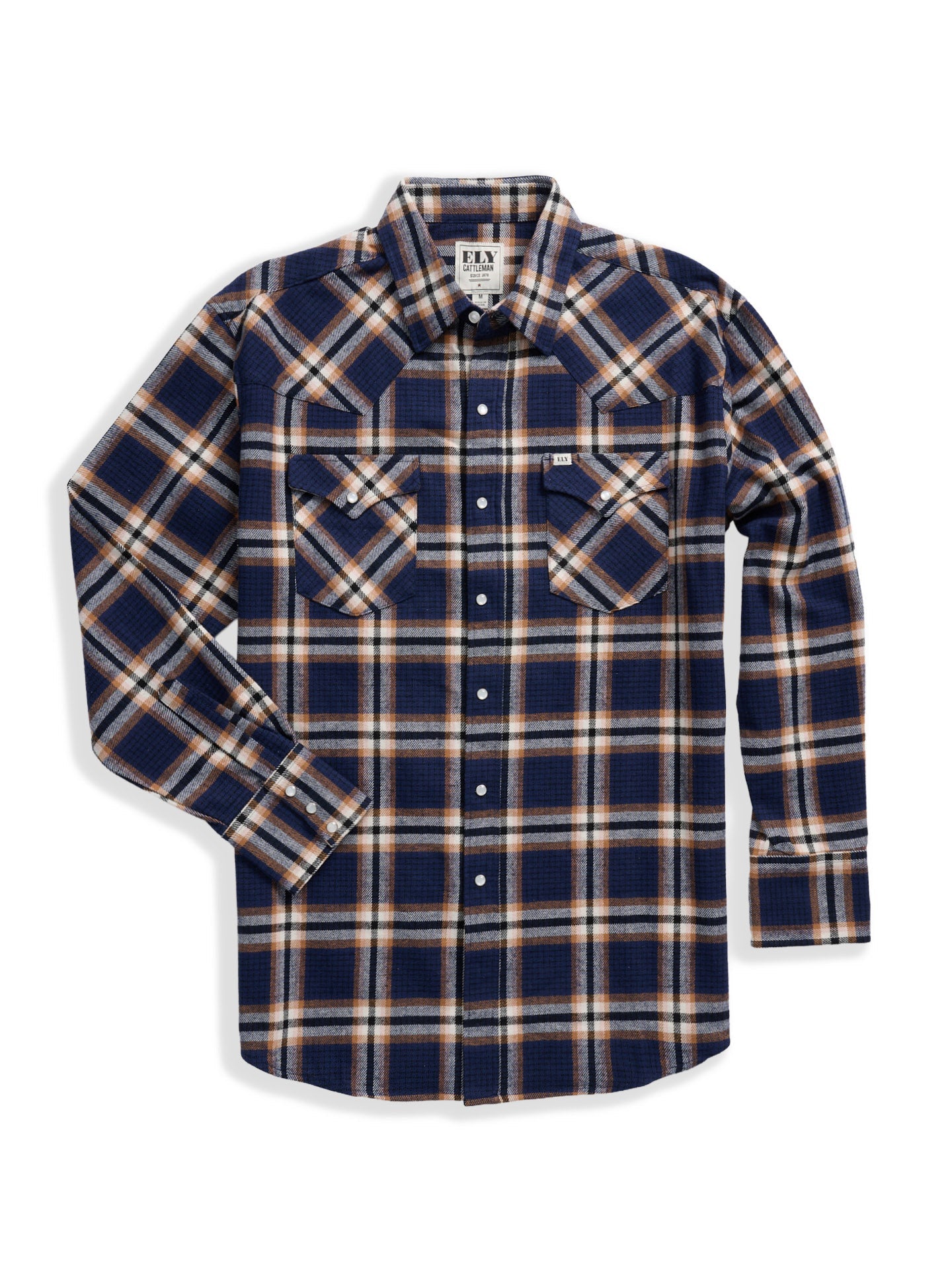 Men's Ely Cattleman Long Sleeve Brawny Flannel Western Snap Shirt- Navy