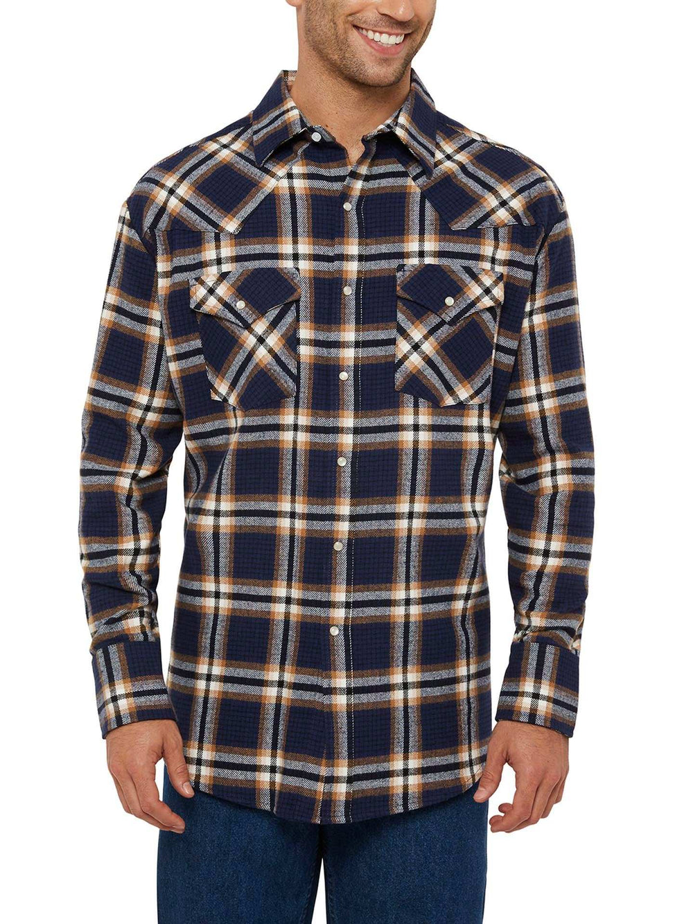 Men's Ely Cattleman Long Sleeve Brawny Flannel Western Snap Shirt- Navy - Ely Cattleman - Flyclothing LLC