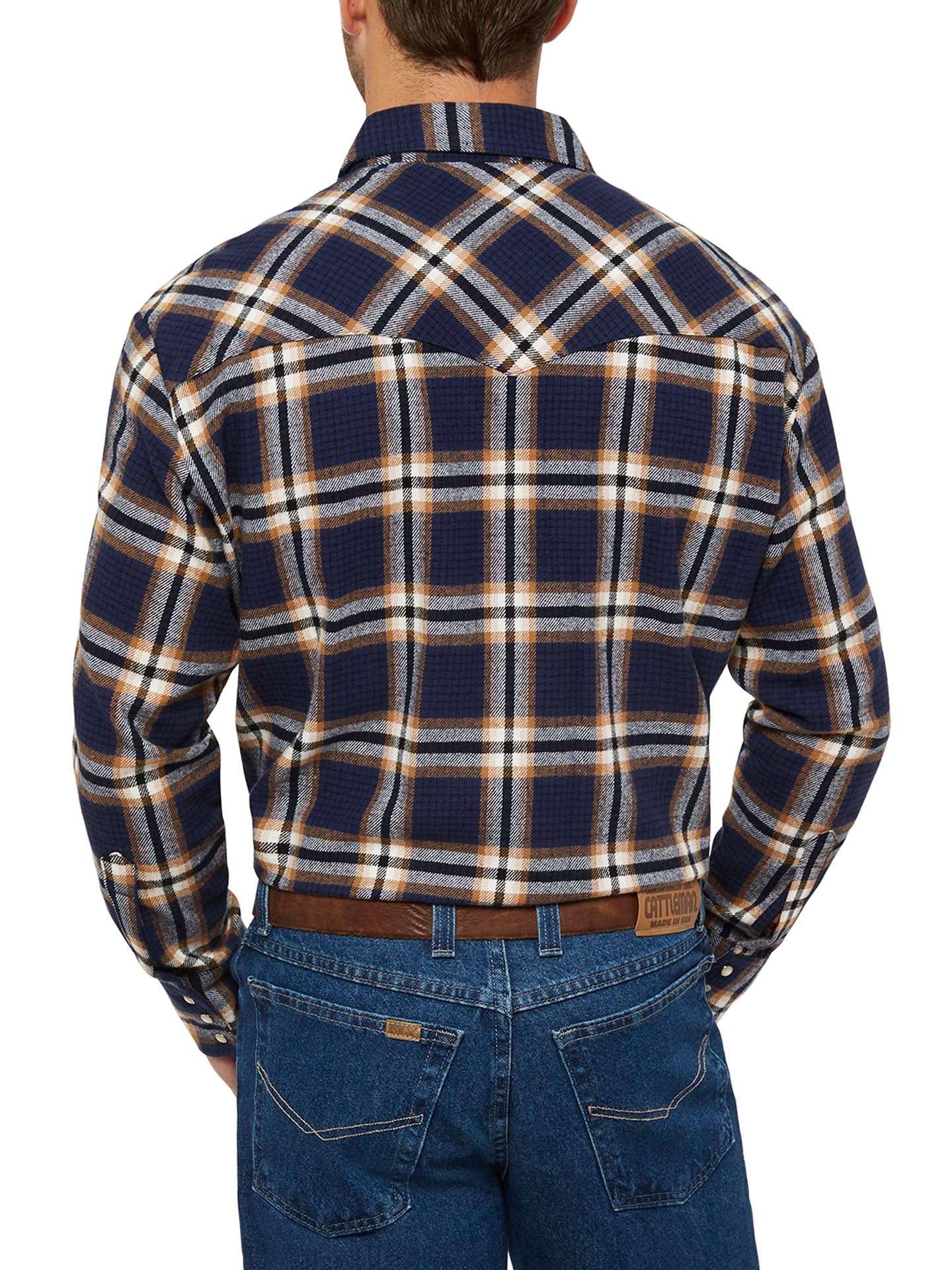 Men's Ely Cattleman Long Sleeve Brawny Flannel Western Snap Shirt- Navy