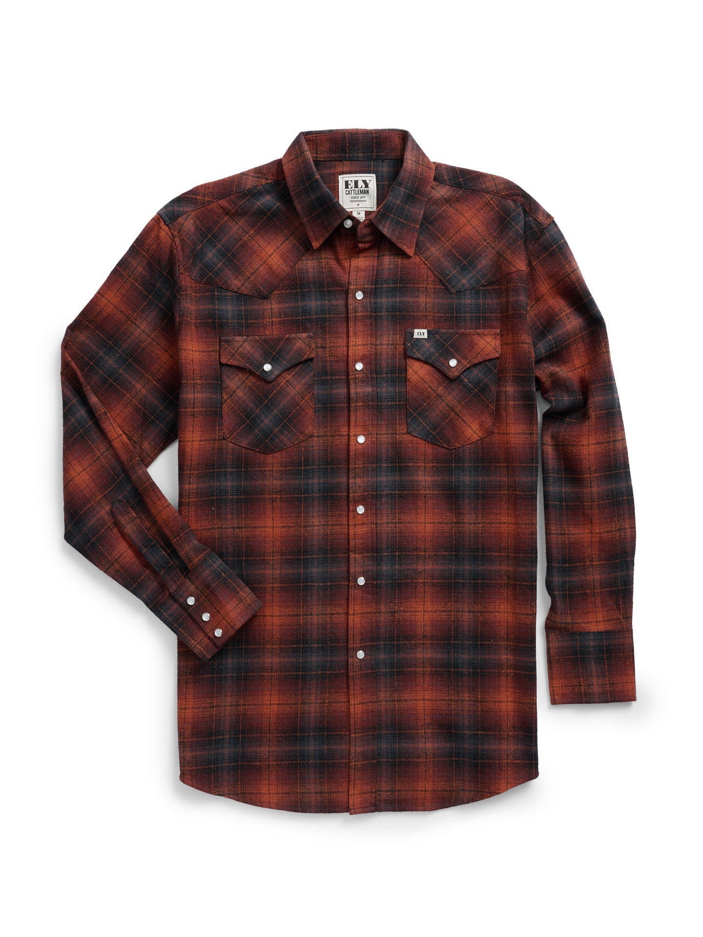 Men's Ely Cattleman Long Sleeve Brawny Flannel Western Snap Shirt- Rust