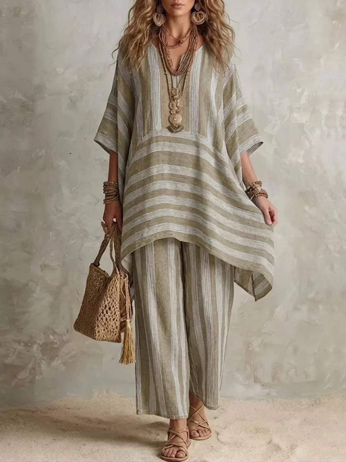 Bohemian Stripe Top and Pants Set - Trendsi - Flyclothing LLC