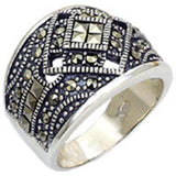20114 - Antique Tone 925 Sterling Silver Ring with Semi-Precious Jade in Jet - Alamode