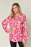 Double Take Full Size Printed Ruffle Trim Balloon Sleeve Shirt - Trendsi - Flyclothing LLC