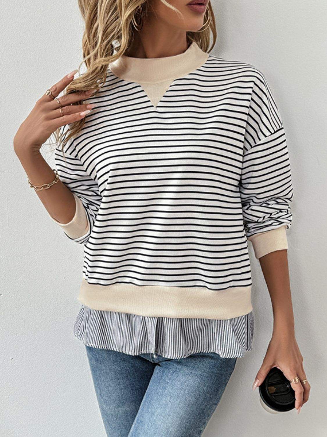 Perfee Faux Layered Striped Long Sleeve Sweatshirt - Trendsi - Flyclothing LLC