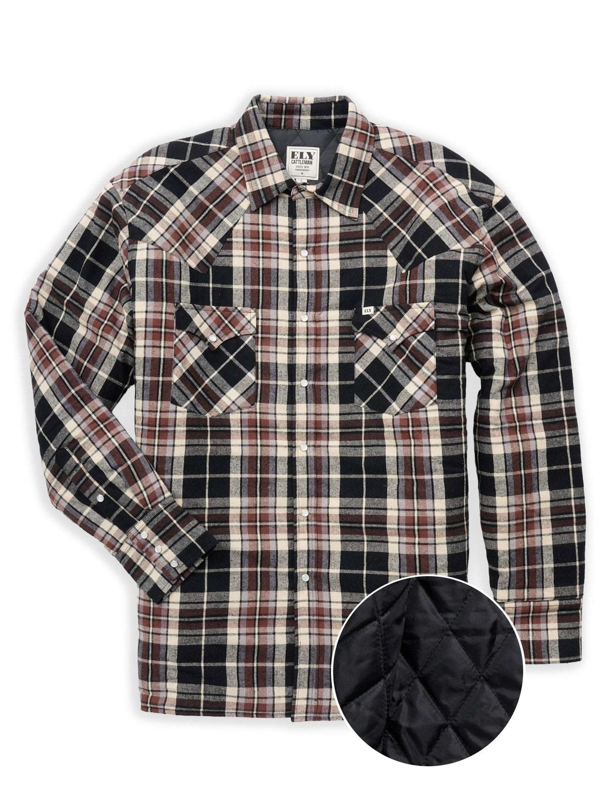 Men's Ely Cattleman Long Sleeve Quilted Flannel- Black - Ely Cattleman - Flyclothing LLC