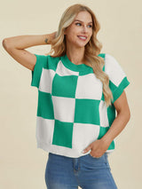 Double Take Full Size Checkered Round Neck Short Sleeve Sweater - Trendsi - Flyclothing LLC