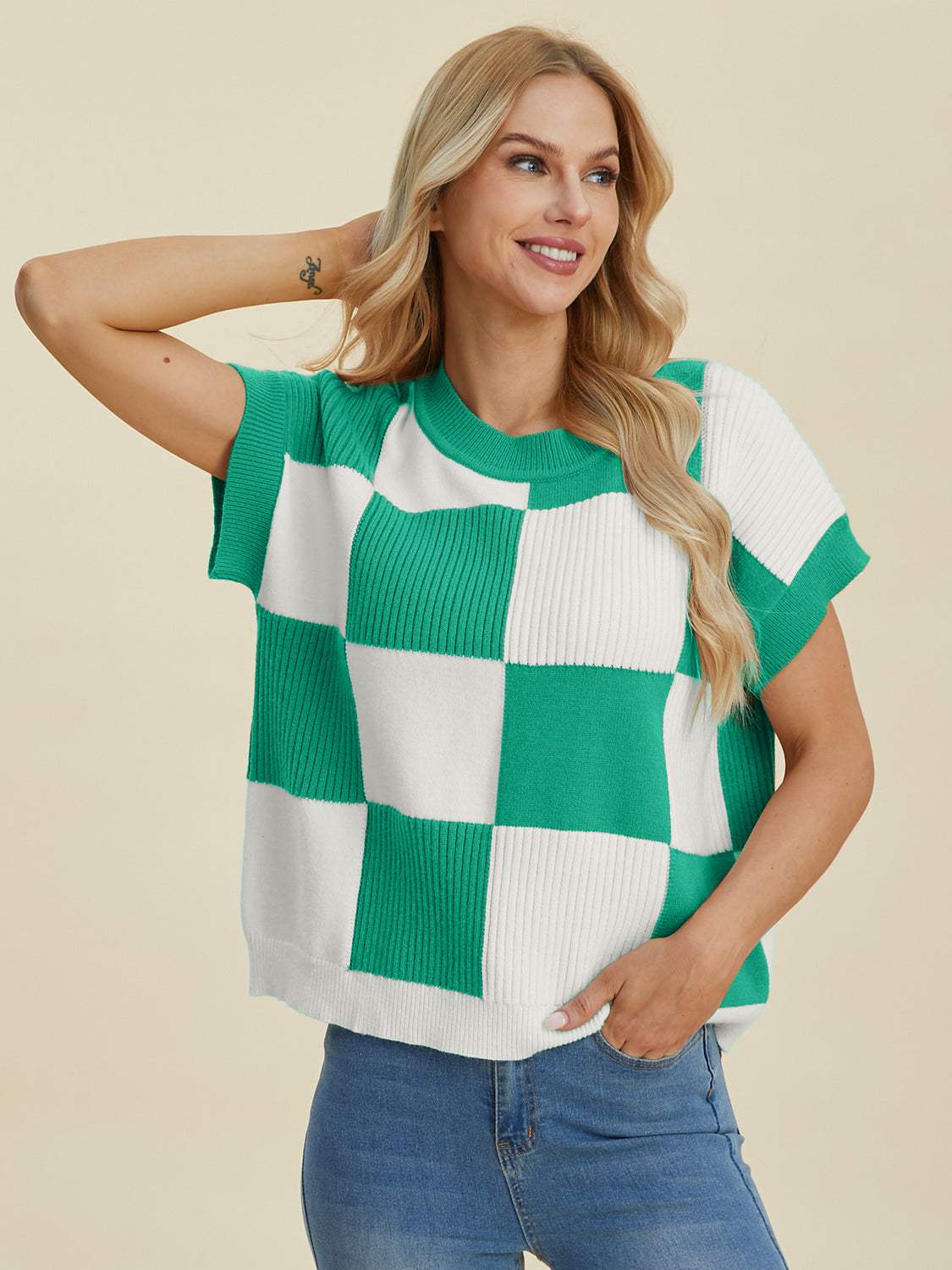 Double Take Full Size Checkered Round Neck Short Sleeve Sweater - Trendsi - Flyclothing LLC