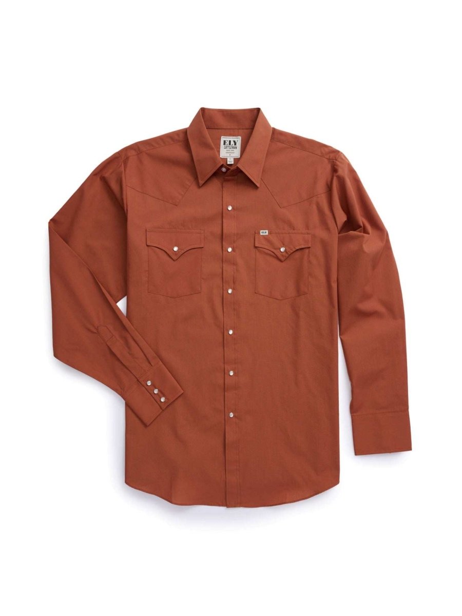 Men's Ely Cattleman Long Sleeve Solid Rust Western Shirt - Ely Cattleman