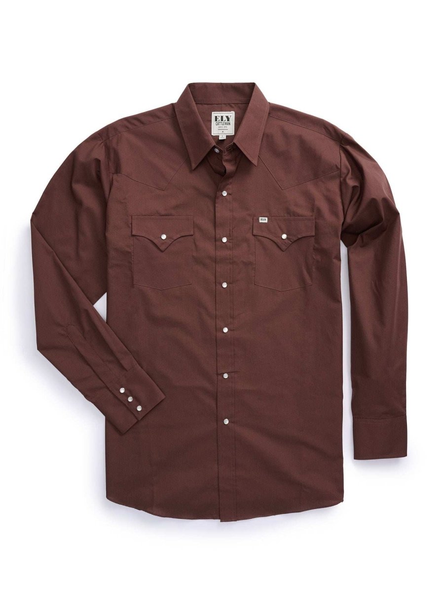 Men's Ely Cattleman Long Sleeve Solid Chocolate Western Shirt - Ely Cattleman