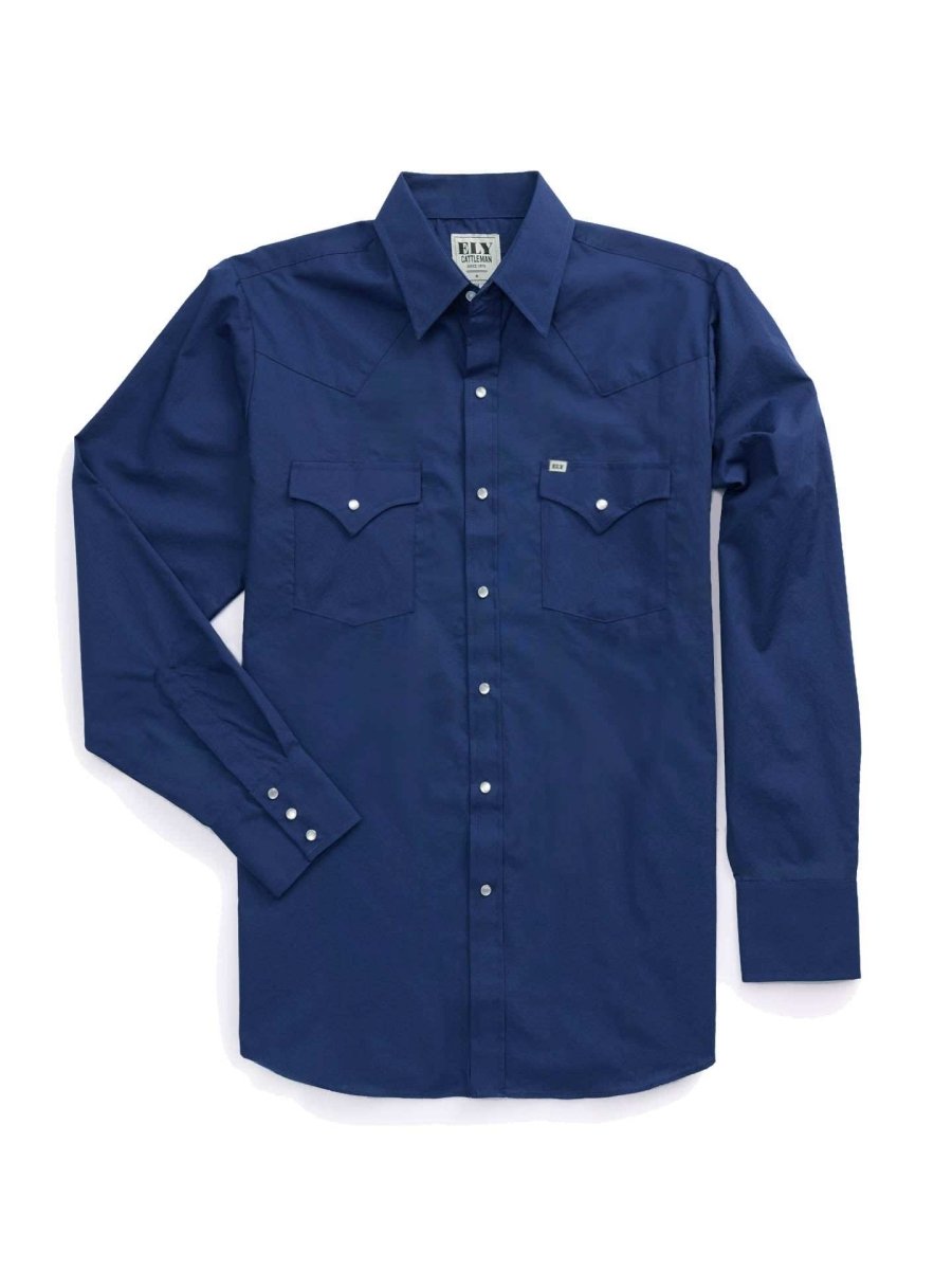 Men's Ely Cattleman Long Sleeve Solid Navy Western Shirt - Ely Cattleman