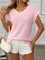 Contrast Trim V-Neck Short Sleeve Knit Top - Trendsi - Flyclothing LLC