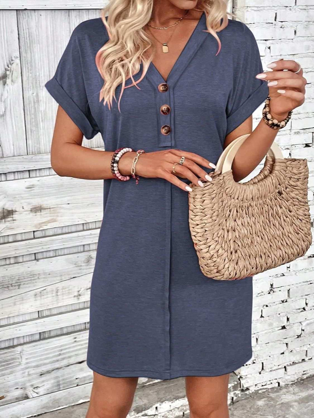 Quarter Button V-Neck Short Sleeve Dress - Trendsi - Flyclothing LLC