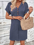 Quarter Button V-Neck Short Sleeve Dress - Trendsi - Flyclothing LLC