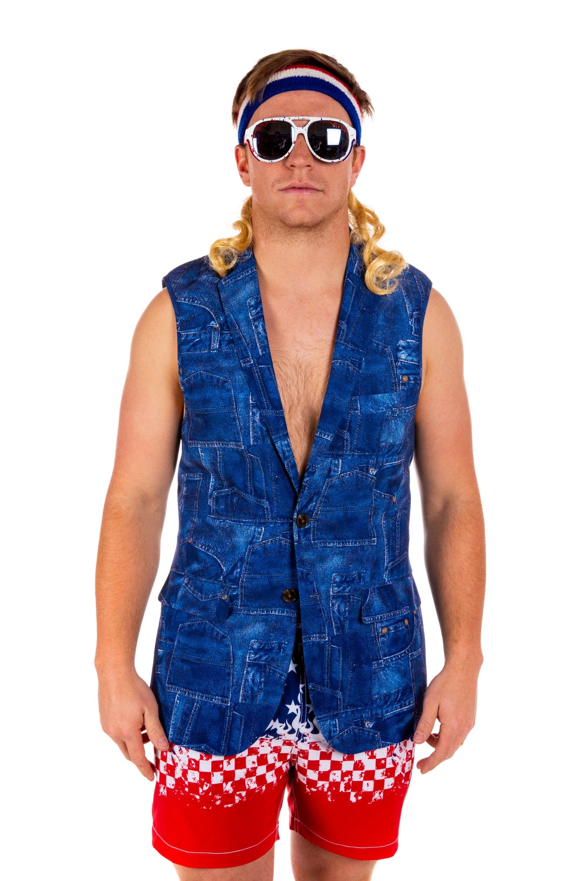 Denim's Day Off | Denim Pattern Sleeveless Blazer - Shinesty