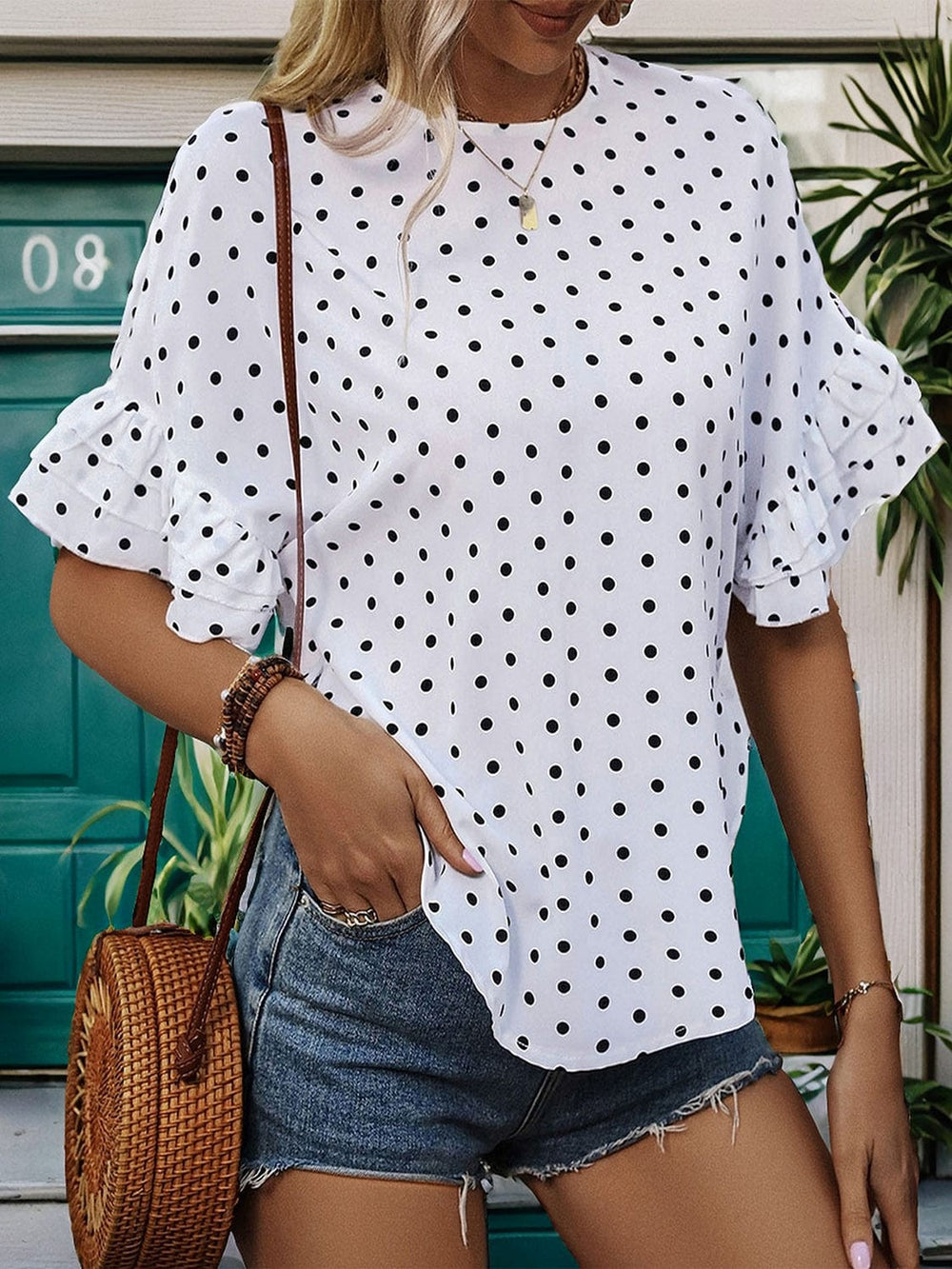 Slit Polka Dot Round Neck Half Sleeve Blouse - Trendsi