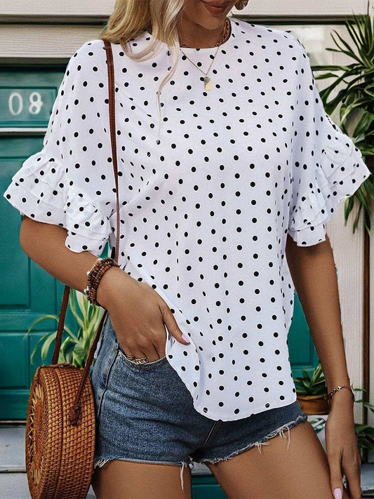 Slit Polka Dot Round Neck Half Sleeve Blouse - Trendsi - Flyclothing LLC