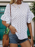 Slit Polka Dot Round Neck Half Sleeve Blouse - Trendsi