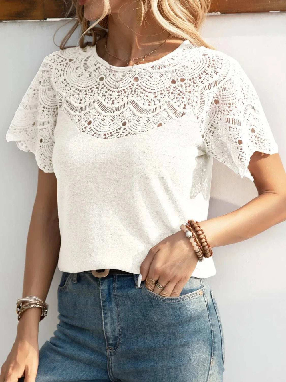 Round Neck Short Sleeve Crochet Top - Trendsi - Flyclothing LLC
