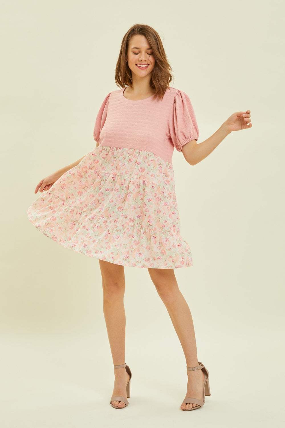 HEYSON Full Size Round Neck Floral Ruffle Hem Mini Dress - Trendsi - Flyclothing LLC