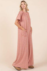 Mittoshop Button Detail Short Sleeve Wide Leg Jumpsuit - Trendsi - Flyclothing LLC