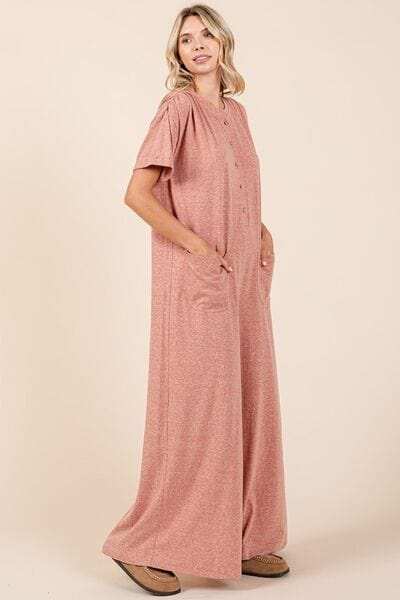 Mittoshop Button Detail Short Sleeve Wide Leg Jumpsuit - Trendsi - Flyclothing LLC