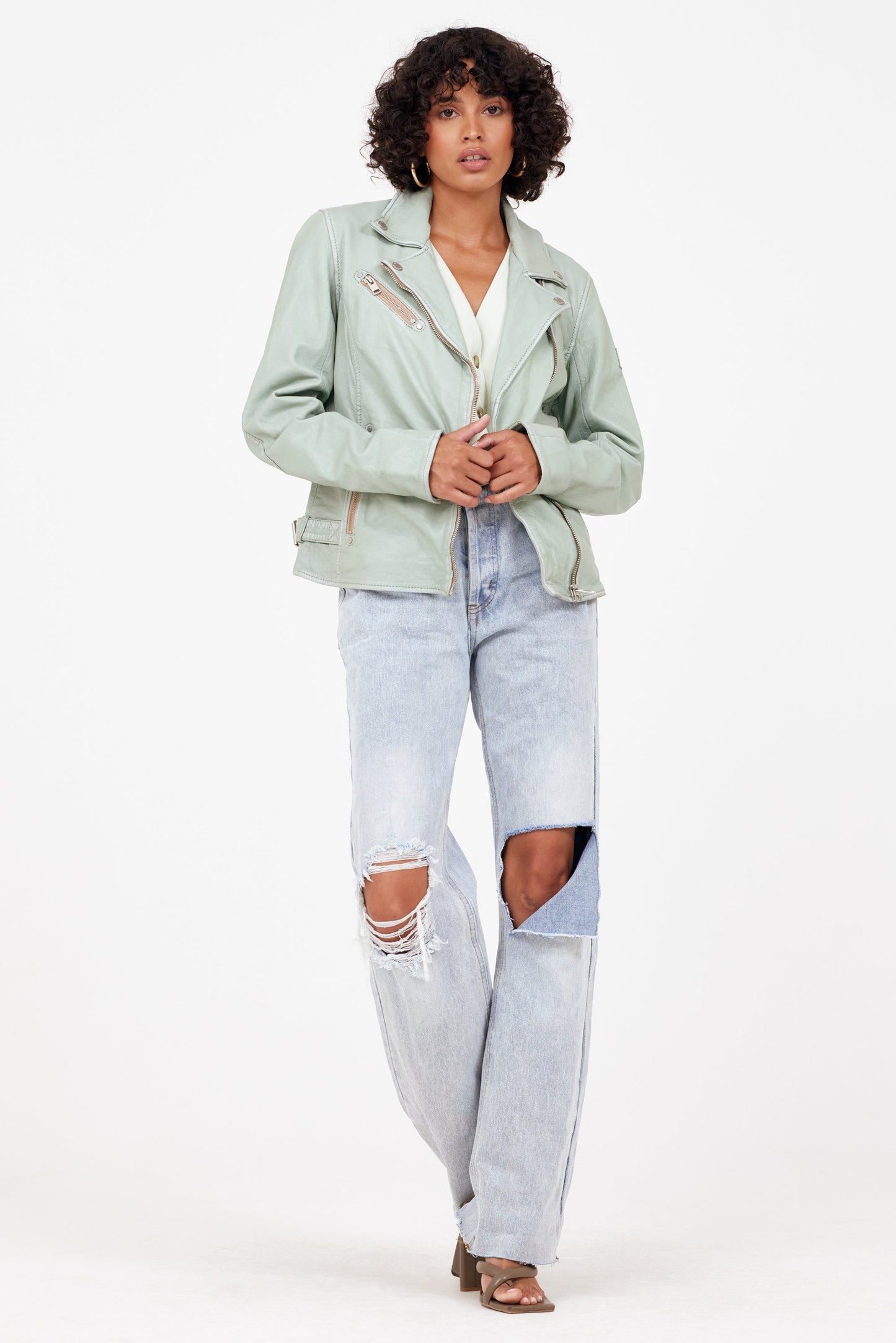 Sofia RF Leather Jacket, Frosty Green