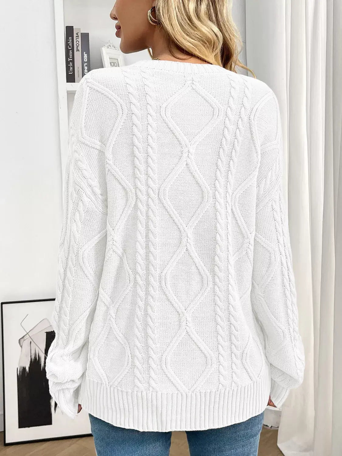 Cable Knit Round Neck Sweater - Trendsi - Flyclothing LLC